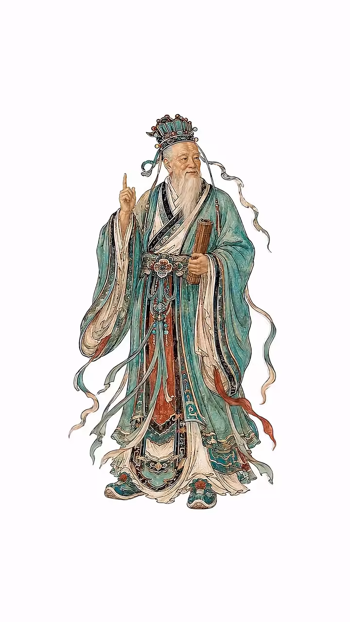 青绿色衣袍的传统人物立像