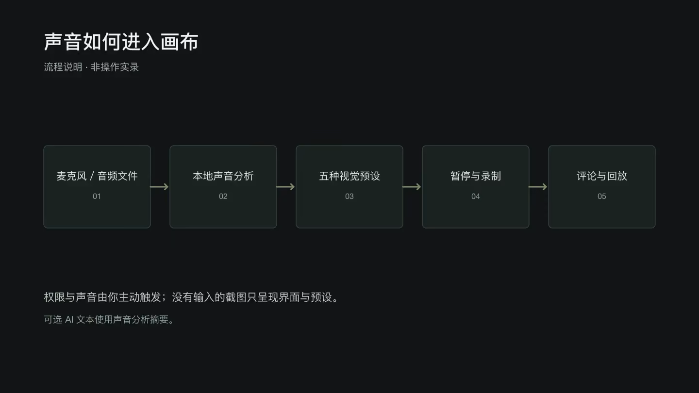 声音输入、本地分析、视觉预设、录制与回放的流程说明