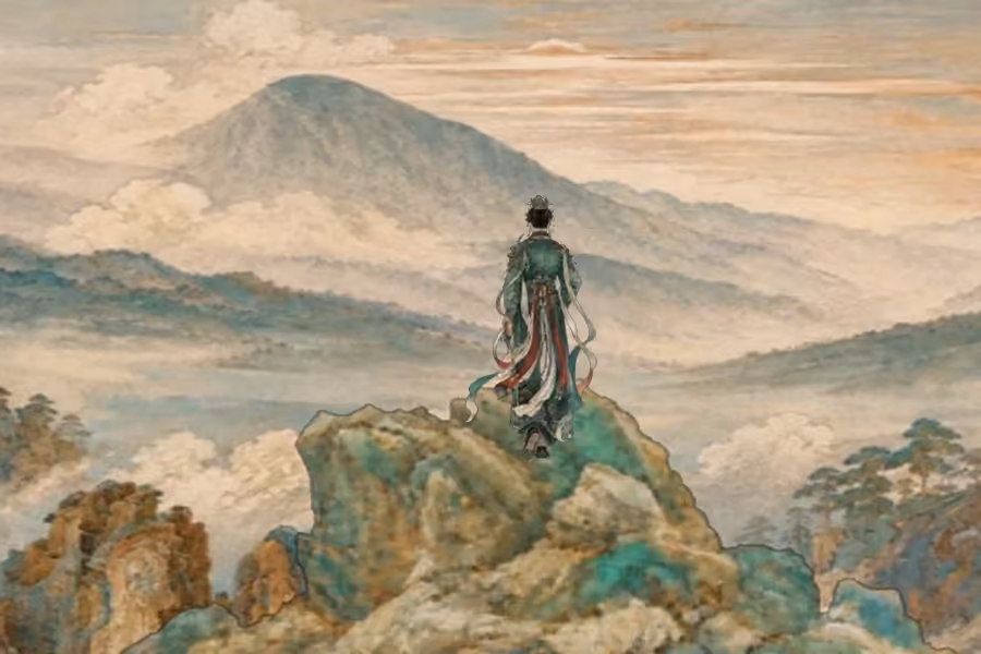 远山、近山与人物的分层构图